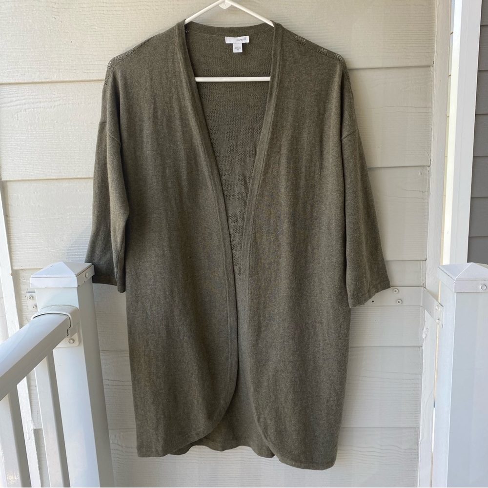 PURE J. JILL Olive Green Open Front 3/4 Sleeve Cardigan - Picture 1 of 11